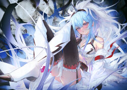 Rule 34 | 1boy, :o, arknights, ass, belt, black gloves, black thighhighs, blue background, blue hair, blush, boots, bra, brown belt, clenched hand, commentary request, crossdressing, fake horns, foot out of frame, fur-trimmed sleeves, fur trim, gloves, gradient background, gradient hair, grey background, hand up, headdress, highres, horns, kirin (armor), kirin r yato (arknights), knee boots, light blue hair, long hair, long sleeves, male focus, mizuki (arknights), monster hunter (series), multicolored background, multicolored hair, myluche, pectorals, purple eyes, purple hair, sidelocks, signature, single horn, solo, thigh strap, thighhighs, twitter username, underwear, very long hair, white footwear, wide sleeves, yato (arknights)