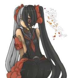 Rule 34 | 10s, 1girl, bare shoulders, belt, blade &amp; soul, collar, eyepatch, female focus, flat chest, long hair, multicolored hair, pohwaran, red ribbon, ribbon, simple background, sleeveless, solo, text focus, turtleneck, twintails, two-tone hair