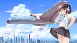 Rule 34 | 1girl, :3, aircraft, airplane, black skirt, blue necktie, blue sky, blunt bangs, blush, breasts, brown hair, cityscape, closed mouth, cloud, collared shirt, cowboy shot, day, gloves, green eyes, hand on own face, hand up, headphones, headset, highres, kani miso, light blush, necktie, original, outdoors, panties, pantyshot, pleated skirt, school uniform, serafuku, shirt, shirt tucked in, short hair, short sleeves, skirt, sky, small breasts, smile, solo, standing, thighs, underwear, upskirt, white gloves, white panties, wide shot, wind, wind lift