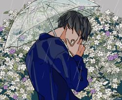 Rule 34 | 1boy, black hair, blue shirt, collared shirt, commentary request, crying, closed eyes, flower, from behind, grey background, hand up, highres, kankara nashi, long sleeves, male focus, open mouth, original, purple flower, rain, shirt, short hair, solo, teeth, transparent, transparent umbrella, twitter username, umbrella, upper body, white flower