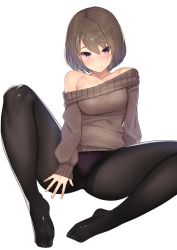 Rule 34 | 1girl, arm behind back, arm support, bare shoulders, black pantyhose, breasts, brown hair, brown sweater, closed mouth, collarbone, feet, gusset, highres, kagematsuri, long sleeves, looking at viewer, medium breasts, no pants, no shoes, off-shoulder sweater, off shoulder, original, panties, panties under pantyhose, pantyhose, pink panties, purple eyes, purple panties, short hair, simple background, sitting, sleeves past wrists, smile, solo, spread legs, sweater, toes, underwear, white background