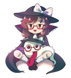 Rule 34 | 1girl, :p, black cloak, black headwear, bow, brown hair, cloak, dungeon toaster, full body, glasses, highres, indian style, loafers, low twintails, plaid, plaid bow, plaid socks, purple skirt, school uniform, shoes, short hair, sitting, skirt, tongue, tongue out, touhou, twintails, usami sumireko, usami sumireko (ghost)