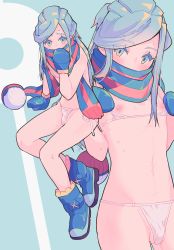 Rule 34 | 1boy, absurdres, bikini, blue footwear, blue gloves, blue mittens, blush, boots, commentary request, creatures (company), full body, game freak, gloves, grusha (pokemon), hand up, highres, ji (jpyx8488), long hair, looking at viewer, male focus, mittens, multiple views, nintendo, nipples, poke ball print, pokemon, pokemon sv, scarf, scarf over mouth, striped clothes, striped scarf, sweat, swimsuit, testicle peek