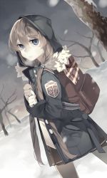 Rule 34 | backpack, bad id, bad pixiv id, bag, bare tree, black skirt, blue eyes, brown hair, buttons, cloud, cloudy sky, coat, colored skin, crest, dark sky, emblem, fur trim, hair ornament, hooded, long sleeves, low twintails, mayonezumi, open mouth, original, outdoors, overcast, pale color, pale skin, pantyhose, pin, plaid, raised eyebrows, skirt, sky, snow, snowflakes, snowing, solo, strap, tree, twintails, white pantyhose, white skin