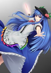 Rule 34 | &gt;:), 1girl, black hat, blue hair, bow, bowtie, dutch angle, food, foreshortening, frilled skirt, frills, fruit, gnlo, grin, hat, highres, hinanawi tenshi, holding, holding sword, holding weapon, leaf, long hair, long skirt, looking at viewer, peach, puffy short sleeves, puffy sleeves, rainbow order, red bow, red bowtie, red eyes, shirt, short sleeves, sidelocks, skirt, smile, solo, sword, sword of hisou, touhou, v-shaped eyebrows, very long hair, weapon, white shirt