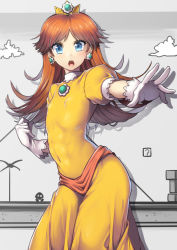 1girl, abs, blue eyes, breasts, brown hair, covered navel, crown, dress, earrings, erect nipples, female focus, flat chest, gloves, jewelry, long hair, looking at viewer, mario (series), nagase haruhito, nintendo, open mouth, outstretched arm, outstretched hand, princess daisy, puffy short sleeves, puffy sleeves, short sleeves, skin tight, solo, super mario bros., super mario land, tiara, toned, white gloves, yellow dress