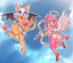 Rule 34 | 2girls, absurdres, amy rose, animal ears, armor, arrow (projectile), ass, bat wings, blue eyes, blue sky, bow (weapon), bracelet, breastplate, breasts, cleavage, cloud, day, eyelashes, feathered wings, floating, full body, furry, gloves, green eyes, halo, heart, heart arrow, highres, jewelry, large breasts, legs, loincloth, looking at viewer, multiple girls, nail polish, nauth, open mouth, outline, pink hair, rouge the bat, shiny skin, shoes, sky, smile, sonic (series), strapless, tail, teeth, tube top, upper teeth only, v, weapon, white gloves, white hair, white outline, white wings, wings