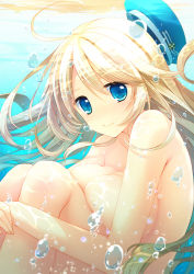 Rule 34 | 10s, 1girl, aqua eyes, atago (kancolle), blonde hair, breasts, bubble, fetal position, hat, kantai collection, large breasts, long hair, looking at viewer, mizuno sao, nude, revision, smile, solo, underwater
