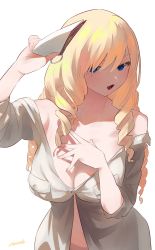 Rule 34 | 1girl, arm up, artist name, blonde hair, blue eyes, breasts, cleavage, commentary, drill hair, english commentary, frown, grey shirt, hair over one eye, hand on own chest, highres, holding, large breasts, long hair, long sleeves, looking at viewer, navel, off shoulder, open mouth, oriana thomason, paper, partially unbuttoned, ryusei hashida, shirt, signature, simple background, sleeves rolled up, solo, standing, toaru majutsu no index, toaru majutsu no index: old testament, upper body, white background
