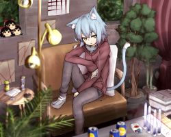 Rule 34 | 1girl, animal ears, apartment, ashtray, bad id, bad pixiv id, between legs, blue hair, bonsai, book, bow, brown hair, can, cat ears, cat tail, cigarette, cigarette pack, couch, denim, disembodied head, drink can, flower pot, hair bow, hair tubes, hakurei reimu, hand between legs, hood, hoodie, hourglass, indoors, jeans, lamp, leg up, medicine bottle, on couch, orangina, original, pants, pill, plant, potted plant, red bow, ryota tentei, scowl, shoes, short hair, sitting, smoking, soda can, solo, tail, tora tentei, touhou, tree, yellow eyes, yukkuri shiteitte ne