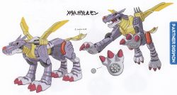Rule 34 | android, armor, character sheet, claws, digimon, digimon (creature), digimon adventure, full armor, highres, jumping, mechanical wings, metalgarurumon, missile, monster, multiple views, no humans, official art, scan, serious, simple background, solo, standing, tail, weapon, wings