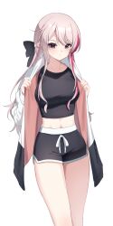 Rule 34 | 1girl, absurdres, black shirt, black shorts, bow, breasts, crop top, dolphin shorts, drawstring, expressionless, feet out of frame, hair bow, half updo, highres, jacket, long hair, long sleeves, looking at viewer, medium breasts, midriff, multicolored hair, navel, open clothes, open jacket, original, photo-referenced, pink hair, purple eyes, shirt, short shorts, shorts, simple background, solo, streaked hair, thighs, ugwa, white background, white jacket
