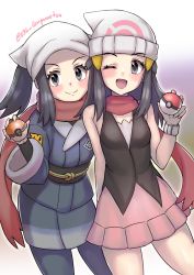 Rule 34 | 2girls, ;d, absurdres, akari (pokemon), beanie, black hair, commentary request, cowboy shot, creatures (company), dawn (pokemon), game freak, grey eyes, gupunetsu, hat, head scarf, highres, holding, holding poke ball, japanese clothes, long hair, looking at viewer, multiple girls, nintendo, one eye closed, open mouth, poke ball, poke ball (legends), pokemon, pokemon dppt, pokemon legends: arceus, red scarf, scarf, smile, standing, time paradox, twitter username, watch, wristwatch