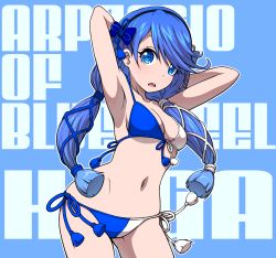 Rule 34 | 1girl, aoki hagane no arpeggio, armpits, arms behind head, bikini, blue eyes, blue hair, breasts, character name, cleavage, copyright name, front-tie top, hairband, highres, kaga (aoki hagane no arpeggio), looking at viewer, low twintails, medium breasts, navel, side-tie bikini bottom, solo, string bikini, swimsuit, twintails, two-tone bikini