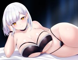 Rule 34 | 1girl, arm support, blush, bracelet, breasts, cleavage, highleg, highleg panties, jewelry, large breasts, looking at viewer, lying, navel, on side, original, panties, shiny skin, short hair, solo, thick thighs, thighs, underwear, white hair, xiaodi, yellow eyes