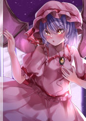 Rule 34 | 1girl, absurdres, bat wings, blush, breasts, brooch, buttons, collared shirt, cowboy shot, dress shirt, frilled shirt, frilled shirt collar, frilled sleeves, frills, hair between eyes, hand on own chest, hat, hat ribbon, highres, jewelry, mahoro (minase mahoro), mob cap, nail polish, open mouth, orange eyes, pink hat, pink shirt, pink skirt, puffy short sleeves, puffy sleeves, purple background, purple hair, red nails, red ribbon, remilia scarlet, ribbon, shirt, short sleeves, skirt, small breasts, solo, teeth, touhou, upper teeth only, v-shaped eyebrows, wings, yellow brooch