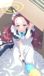 Rule 34 | 1girl, apron, blue archive, blue bow, blue bowtie, blush, bow, bowtie, box, cardboard box, dress, duster, forehead, frilled apron, frills, halo, highres, keita (kta0), long hair, looking at viewer, maid, maid apron, maid headdress, official alternate costume, orange halo, puffy short sleeves, puffy sleeves, ribbon, short sleeves, solo, tearing up, white apron, yuzu (blue archive), yuzu (maid) (blue archive)