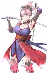 Rule 34 | 1girl, arm up, armpits, blue eyes, breasts, cleavage, dual wielding, fate/grand order, fate (series), folded ponytail, highres, holding, hometa, japanese clothes, katana, large breasts, light purple hair, long hair, looking at viewer, miyamoto musashi (fate), miyamoto musashi (second ascension) (fate), obi, sash, smile, solo, standing, sword, weapon