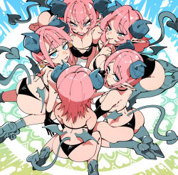 Rule 34 | 5girls, all fours, ass, bat wings, bikini, black bikini, blue eyes, boots, breasts, cleavage, curled horns, demon girl, demon tail, heart, high heels, horns, kafun, large breasts, looking back, magic circle, medium hair, multiple girls, original, pink hair, pointy ears, seiza, sitting, smile, swimsuit, tail, thigh boots, thighhighs, tongue, tongue out, wariza, wings