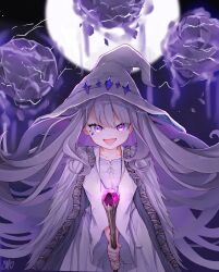 Rule 34 | 1girl, absurdres, cloak, cosplay, elden ring, full moon, grey hair, hat, highres, holding, holding staff, hololive, hololive english, koseki bijou, long hair, ma draws, magic, moon, purple eyes, ranni the witch, ranni the witch (cosplay), rock, staff, virtual youtuber, witch hat, wooden staff