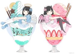 Rule 34 | 2girls, angel wings, apron, artist name, black eyes, black hair, black legwear, blue bow, blue dress, blue footwear, blunt bangs, blush, bow, commentary request, demon wings, dress, food, food focus, fruit, hair bow, halo, heart, highres, horns, ice cream, ice cream scoop, lemon, looking at viewer, maid apron, medium hair, mini person, minigirl, mint chocolate, mint chocolate chip, multiple girls, nagomurasan, original, parfait, pink bow, pink dress, pink footwear, pocky, puffy short sleeves, puffy sleeves, shoes, short sleeves, signature, smile, star (symbol), strawberry, thighhighs, wafer stick, white background, white legwear, wings