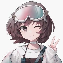 Rule 34 | 1girl, animal ears, arknights, brown hair, brown overalls, choker, commentary request, goggles, goggles on head, hand up, highres, jacket, looking at viewer, off shoulder, one eye closed, open clothes, open jacket, otter ears, overalls, portrait, roberta (arknights), shirt, short hair, simple background, smile, solo, v, white background, white choker, white jacket, white shirt, xinxingmingyu79994