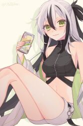Rule 34 | 1388chan, 1girl, :3, alcohol, bare shoulders, beer can, black hair, can, closed mouth, commentary request, crop top, drink can, fate/grand order, fate (series), green eyes, hair between eyes, highres, holding, holding can, jacket, long hair, midriff, multicolored hair, nagao kagetora (fate), navel, off shoulder, shorts, simple background, sitting, smile, solo, two-tone hair, uesugi kenshin (fate), uesugi kenshin (second ascension) (fate), very long hair, white background, white hair, white jacket, white shorts