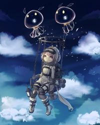 Rule 34 | 1girl, boots, chain, chair, closed mouth, cloud, expressionless, floating, goggles, goggles on head, gradient sky, grey hair, helmet, highres, knees together feet apart, original, outdoors, see-through, shichishiki mayoi, sitting, sky, solo, twilight, yellow eyes