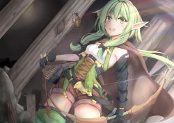 Rule 34 | 1girl, arrow (projectile), asymmetrical sleeves, belt, black belt, black bow, black gloves, blush, bow, bow (weapon), breasts, brown cape, brown shorts, cape, commentary request, detached sleeves, elf, gloves, goblin slayer!, green eyes, green hair, green thighhighs, hair between eyes, hair bow, hair ornament, high elf archer (goblin slayer!), highres, holding, holding arrow, holding bow (weapon), holding weapon, long hair, looking at viewer, mia (kuja999), mismatched sleeves, open mouth, pointy ears, shorts, sidelocks, small breasts, solo, teeth, thighhighs, upper teeth only, weapon