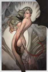 Rule 34 | 1girl, absurdres, ass, blowing kiss, breasts, convenient censoring, demon girl, demon horns, demon tail, demon wings, from behind, highres, horns, light brown hair, lips, long hair, looking at viewer, looking back, namgwon lee, nude, single wing, solo, tail, wings
