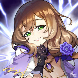 Rule 34 | black gloves, breasts, brown hair, cleavage, cleavage cutout, clothing cutout, commentary, electricity, english commentary, flower, genshin impact, gloves, hair flower, hair ornament, head tilt, light blush, lisa (genshin impact), long hair, looking at viewer, medium breasts, parted lips, portrait, purple flower, purple rose, rose, siriuflong, smile, solo
