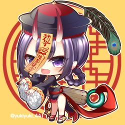 Rule 34 | 1girl, :d, black dress, black footwear, black hat, blush, braid, braided hair rings, chibi, china dress, chinese clothes, commentary request, dress, fang, fate/grand order, fate (series), fingernails, full body, hair rings, hat, horns, jiangshi, long fingernails, long sleeves, looking at viewer, nail polish, ofuda, oni, open mouth, pelvic curtain, purple eyes, purple hair, qingdai guanmao, red nails, shoes, short eyebrows, shuten douji (fate), shuten douji (festival outfit) (fate), skin-covered horns, sleeves past wrists, smile, solo, standing, thick eyebrows, twitter username, wide sleeves, yellow background, yukiyuki 441