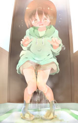 Rule 34 | 1girl, 22m, blush, brown hair, door, embarrassed, highres, hood, hoodie, open mouth, original, peeing, peeing self, puddle, shorts, slippers, socks, solo, standing, tears, wet, wet clothes