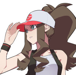 Rule 34 | 1girl, absurdres, adjusting clothes, adjusting headwear, aqua eyes, asia (aji19081), bare shoulders, baseball cap, black vest, black wristband, breasts, brown hair, commentary, creatures (company), game freak, hand up, hat, highres, hilda (pokemon), long hair, medium breasts, nintendo, open clothes, open vest, pink headwear, pokemon, pokemon (game), pokemon bw, ponytail, shirt, sidelocks, simple background, solo, two-tone headwear, upper body, vest, white background, white headwear, white shirt, wristband