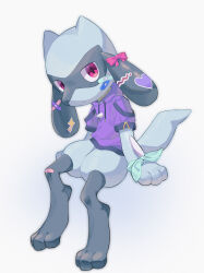 Rule 34 | 1boy, animal feet, aqua ribbon, bandaid, bandaid on face, bandaid on knee, bandaid on leg, barefoot, black fur, blue fur, body fur, bottomless, bow, child, closed mouth, clothed pokemon, creatures (company), drawstring, expressionless, feet, full body, furry, furry male, game freak, gen 4 pokemon, heart, highres, hood, hood down, hooded shirt, invisible chair, katamuki, legs, looking at viewer, male focus, nintendo, pokemon, pokemon (creature), purple shirt, red bow, red eyes, ribbon, riolu, shirt, short sleeves, simple background, sitting, snout, solo, sparkle, spikes, sticker, tail, two-tone fur, white background, wolf boy, wolf tail, wrist ribbon