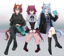 3girls alternate_costume animal_ears bespectacled blue_eyes blue_hair blush book boots brown_hair closed_mouth collarbone commentary_request full_body glasses hair_between_eyes hair_flaps hair_ornament highres horse_ears horse_girl mejiro_ardan_(umamusume) multiple_girls pantyhose pink_hair sakura_chiyono_o_(umamusume) sitting smile tor1goe umamusume white_background yaeno_muteki_(umamusume)