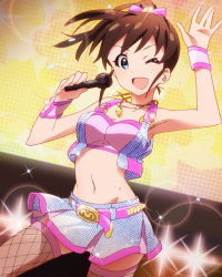 Rule 34 | 10s, 1girl, ;d, artist request, belt, blue eyes, brown hair, card (medium), crop top, cuffs, fishnet thighhighs, fishnets, hair ribbon, idolmaster, idolmaster million live!, jewelry, microphone, million dreams (idolmaster), navel, necklace, official art, one eye closed, open mouth, ponytail, ribbon, satake minako, skirt, smile, solo, stage, thighhighs, wink
