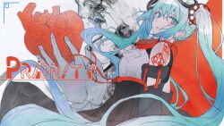 Rule 34 | 1girl, bare shoulders, black skirt, black sleeves, blue eyes, blue hair, breasts, commentary request, detached sleeves, ear piercing, eyebrows hidden by hair, goggles, goggles on head, grey background, hair between eyes, hatsune miku, heart (organ), heremia, high-waist skirt, highres, holding, long hair, looking at viewer, looking to the side, parted lips, piercing, pleated skirt, red background, shirt, skirt, small breasts, solo focus, twintails, very long hair, vocaloid, white shirt