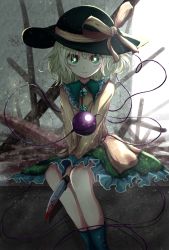 Rule 34 | 1girl, between legs, black hat, blood, blood stain, bright pupils, closed mouth, crack, cracked wall, floral print, green eyes, green footwear, green hair, green skirt, hair between eyes, hat, hat ribbon, heart, heart of string, highres, holding, holding knife, holding weapon, indoors, kayon (touzoku), knife, komeiji koishi, light particles, long sleeves, looking at viewer, medium hair, ribbon, rose print, shade, shirt, sitting, skirt, smile, solo, third eye, touhou, v arms, weapon, yellow ribbon, yellow shirt