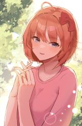 Rule 34 | 1girl, ahoge, blue eyes, blurry, blush, bob cut, bokeh, bow, casual, collarbone, commentary, depth of field, doki doki literature club, foliage, hair bow, highres, interlocked fingers, looking at viewer, nail polish, orange hair, own hands together, parted lips, pink nails, pink skirt, red bow, sayori (doki doki literature club), shirt, short hair, short sleeves, skirt, smile, solo, sparkle, upper body, wahhuru1129