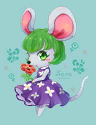 Rule 34 | 1girl, animal crossing, animal ears, aqua background, artist name, bree (animal crossing), character name, dress, flower, furry, furry female, green eyes, green hair, highres, mouse (animal), mouse ears, mouse tail, nintendo, open mouth, shii (no-va could), solo, tail