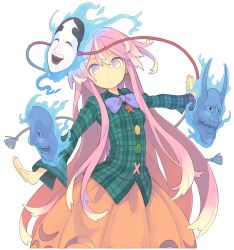 Rule 34 | 1girl, blonde hair, blue fire, bow, bowtie, breasts, bright pupils, bubble skirt, buttons, closed mouth, collared shirt, cowboy shot, expressionless, fire, floating, floating object, foreshortening, green shirt, hannya, hata no kokoro, highres, long hair, long sleeves, looking at viewer, mask, morino hon, multicolored hair, noh mask, oni mask, orange skirt, outstretched arms, pink eyes, pink hair, plaid, plaid shirt, purple bow, purple bowtie, shirt, simple background, skirt, small breasts, solo, standing, streaked hair, string, tareme, tassel, touhou, very long hair, white background, wing collar