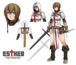 Rule 34 | 1girl, armor, asymmetrical hair, bare legs, belt, belt pouch, blue eyes, blush, boots, bracer, braid, breasts, brown hair, chainmail, character name, character sheet, dagger, esther (exaxuxer), exaxuxer, glasses, gloves, highres, hood, hood down, knee boots, knife, knights templar, large breasts, original, pouch, reverse grip, short hair, single braid, smile, strap, sword, weapon