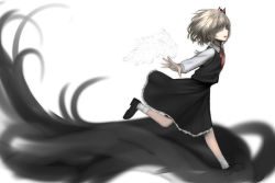 Rule 34 | 1girl, bad id, bad pixiv id, blonde hair, blouse, closed eyes, colored eyelashes, darkness, detached wings, female focus, from side, long sleeves, open mouth, otouto (caster5), outstretched arms, rumia, shirt, short hair, simple background, socks, solo, touhou, white background, white shirt, white socks, white wings, wings