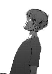 Rule 34 | 1boy, artist name, collarbone, commentary, commission, english commentary, facial hair, from side, greyscale, hair over eyes, highres, kaneki profile picture (meme), leaning back, looking up, male focus, meme, monochrome, parody, parted lips, scooby-doo, shaggy rogers, solo, stubble, tokyo ghoul, tokyo ghoul:re, tyrone, white background
