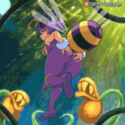 Rule 34 | 1girl, animated, animated gif, antennae, arthropod girl, ass, ass grab, bee girl, bouncing breasts, breasts, extra eyes, female focus, grabbing own ass, insect girl, insect wings, leotard, monster girl, no pupils, pointy hair, purple hair, purple legwear, q-bee, solo, spread ass, tagme, twistedgrim, vampire (game), wings