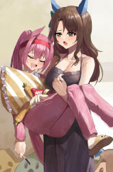 Rule 34 | 2girls, absurdres, animal ears, bare arms, bare shoulders, black dress, blush, bow, breasts, brown eyes, brown footwear, brown hair, carrot, carrot print, carrying, cleavage, closed eyes, commentary, diagonal stripes, dress, drooling, feipin zhanshi, food, food print, frilled pillow, frills, green bow, hair between eyes, hair bow, hair intakes, hairband, haru urara (umamusume), highres, holding, holding food, horse ears, horse girl, horse tail, king halo (umamusume), long hair, long sleeves, medium breasts, mouth drool, multiple girls, open mouth, pajamas, panties, pants, pillow, pink pajamas, pink pants, pink shirt, pocky, princess carry, print pajamas, print panties, print shirt, red hairband, shirt, sleeping, sleeveless, sleeveless dress, slippers, striped, striped pillow, tail, umamusume, underwear