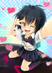 Rule 34 | 1girl, backpack, bag, black hair, black socks, blouse, blush, breasts, child, clothes lift, commentary request, full body, heart, kneeling, looking at viewer, marvel, one eye closed, open clothes, open mouth, open shirt, peni parker, plaid, plaid skirt, pleated skirt, purple eyes, reaching, reaching towards viewer, selfie, shirt, shoes, short hair, skirt, small breasts, socks, solo, spider-man: into the spider-verse, spider-man (series), spider-verse, sweater, sweater lift, tororo (toriaezu), v, wavy mouth, white shirt