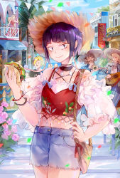 Rule 34 | alternate costume, amicis (amisic), audio jack, bad id, bad pixiv id, bag, bare shoulders, blonde hair, blouse, boku no hero academia, clothing cutout, day, earplugs, food, guitar, hat, highres, instrument, jewelry, jirou kyouka, kaminari denki, looking at viewer, midriff, multiple boys, multiple girls, nail polish, navel, necklace, outdoors, purple eyes, purple hair, red shirt, shirt, short hair, shorts, shoulder bag, shoulder cutout, smile, solo focus, spiked hair, standing, taco, trumpet
