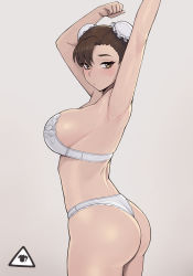 Rule 34 | 1girl, armpits, arms up, ass, bra, breasts, brown hair, bun cover, capcom, chun-li, closed mouth, commentary, cowboy shot, donburi (donburikazoku), double bun, from side, grey background, hair bun, highres, large breasts, looking at viewer, panties, simple background, solo, standing, street fighter, twisted torso, underwear, underwear only, white bra, white panties
